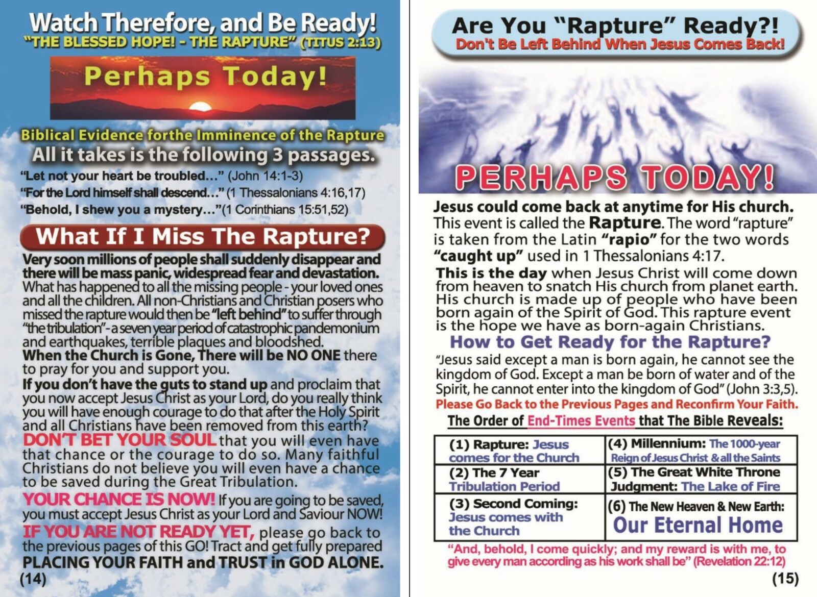 Bible – Gospel Tracts: The RAPTURE! Pack of 32 units in 2 Covers, 16 Pages Each