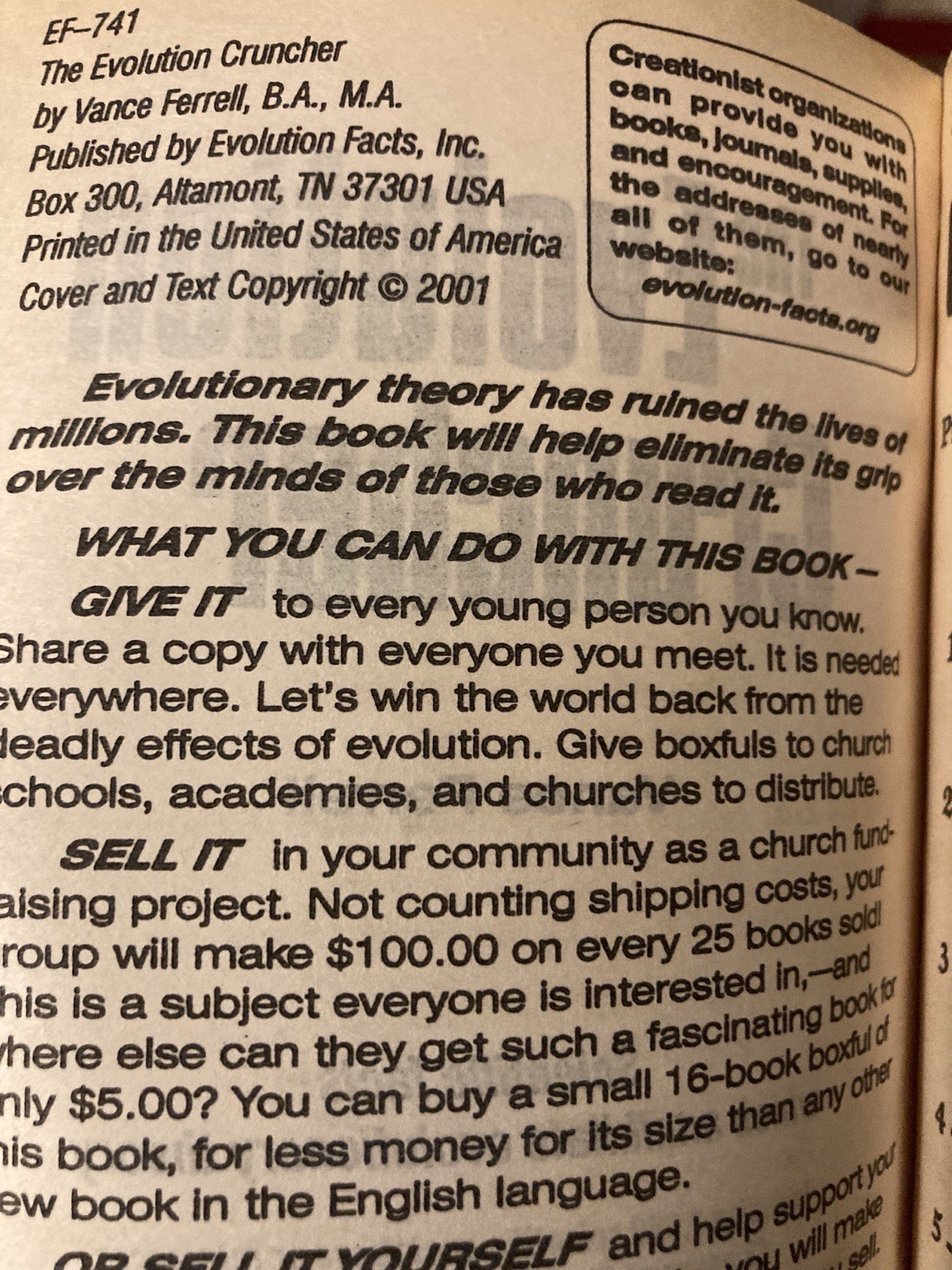 The Evolution Cruncher Vance Ferrell 2001 Paperback Refutes Evolution