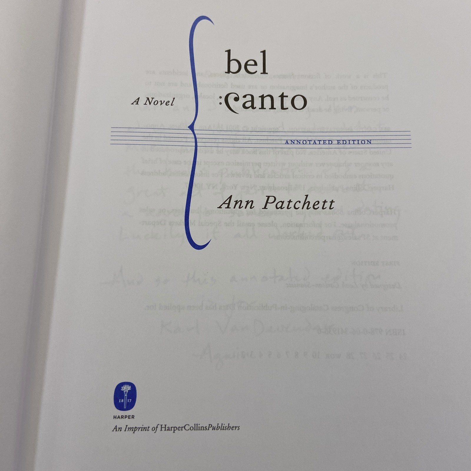 Ann Patchett Bel Canto Annotated Signed 1st Edition 2024 Novel Harper Collins