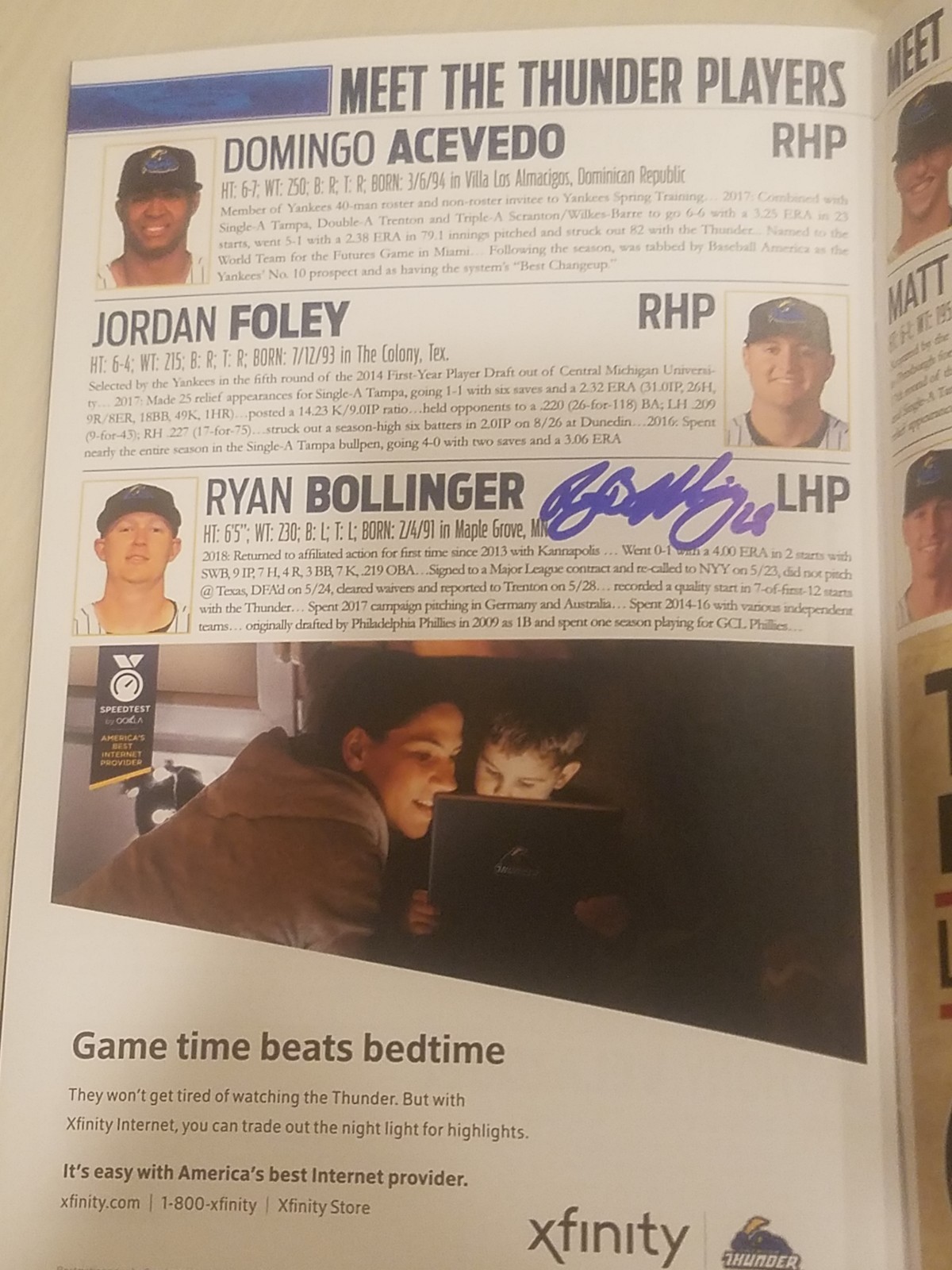 ryan bollinger signed program autographed trenton thunder game auto ny yankees