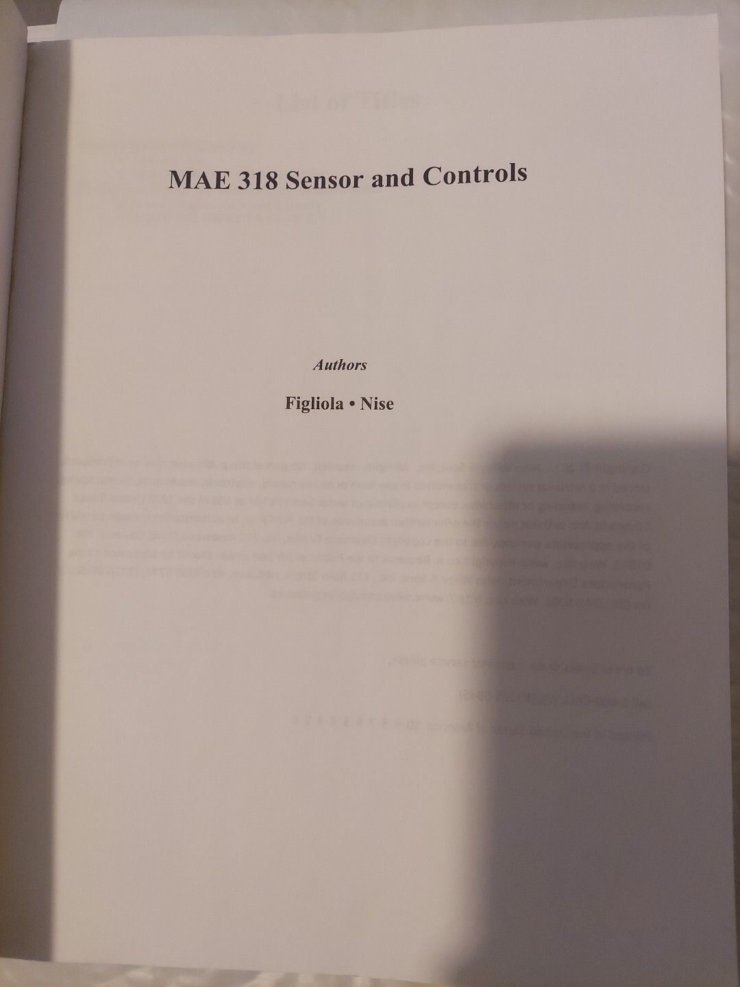 MAE 318 Sensor And Controls . Good Paperback Book.