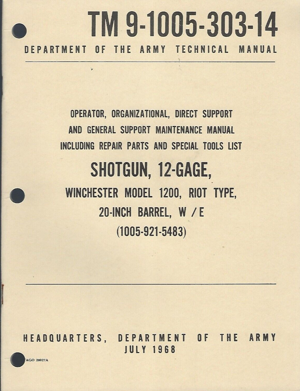 Historical book Shotgun, 12 Gage, Winchester Model 1200, Riot Type, Opr/Maint